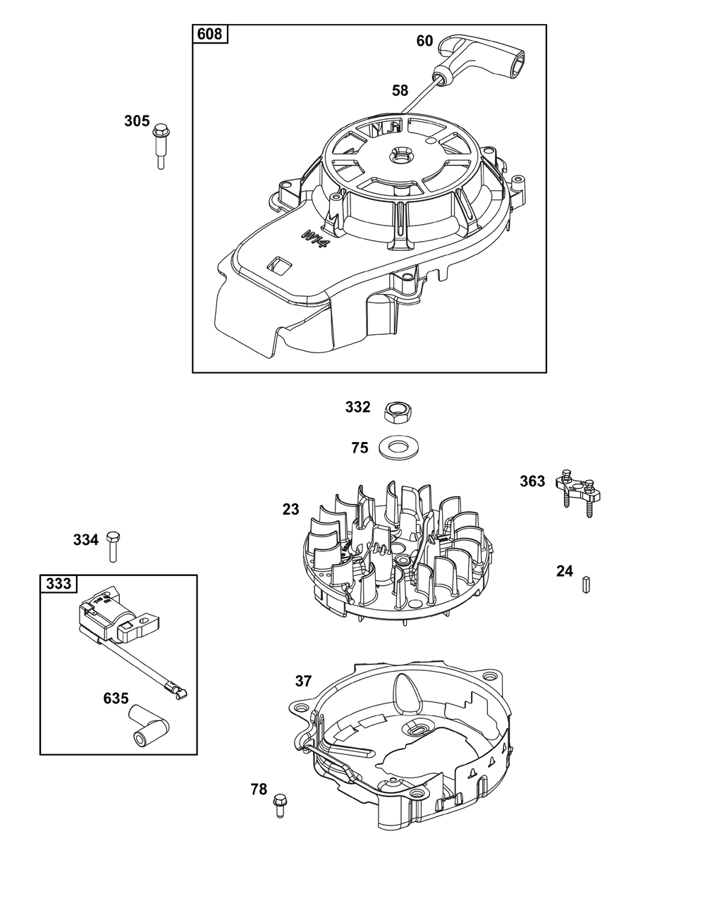 Flywheel, Ignition, And Starter Group Diagram and Parts List for 123P02-0056-H1 100000 - 19Z999 Briggs and Stratton Engine